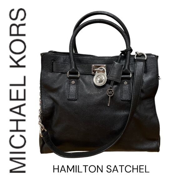 Michael Kors Hamilton Black Satchel Bag with Silver Hardware - Picture 1 of 10
